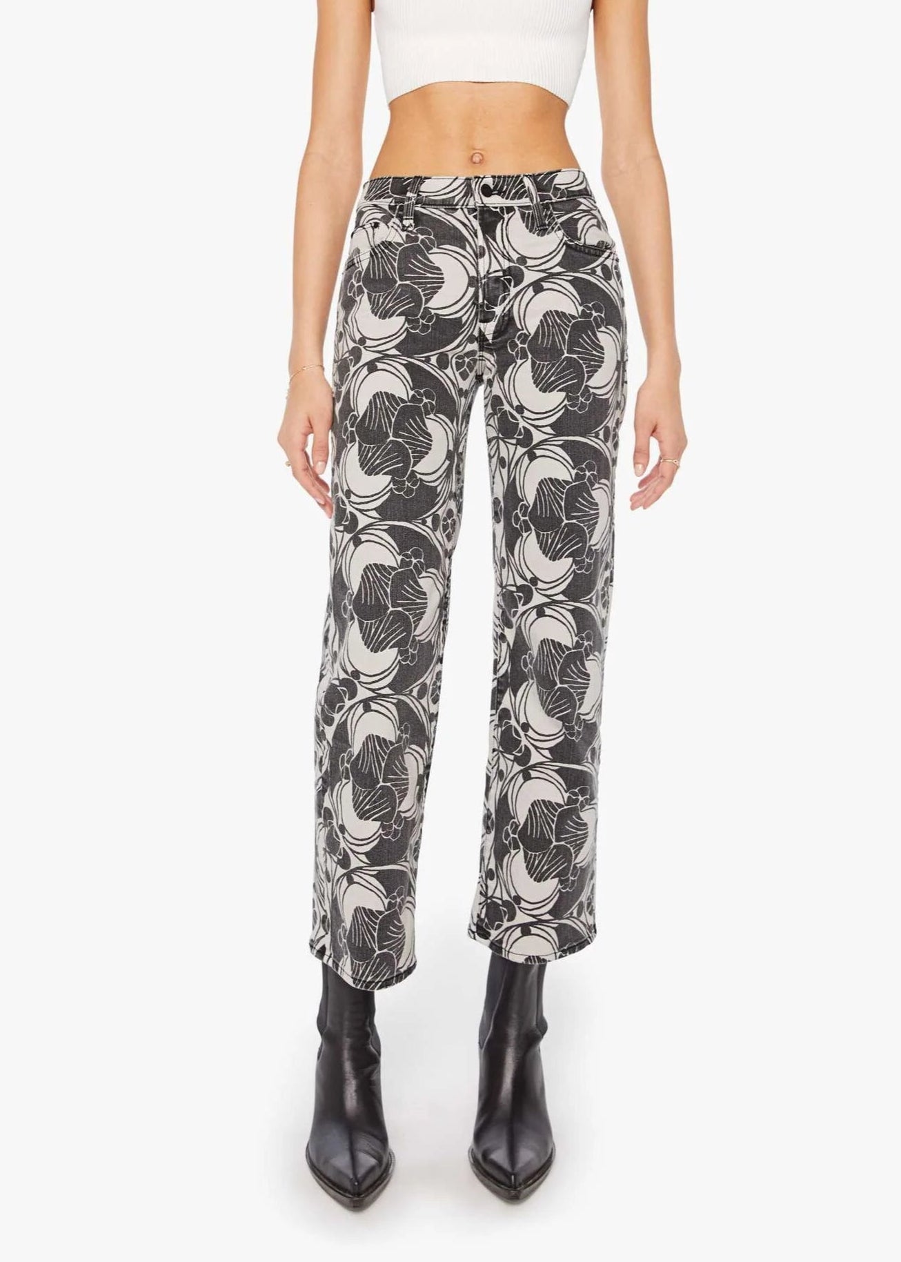 MOTHER Mid Rise Rambler Zip Ankle Curlycue B&W