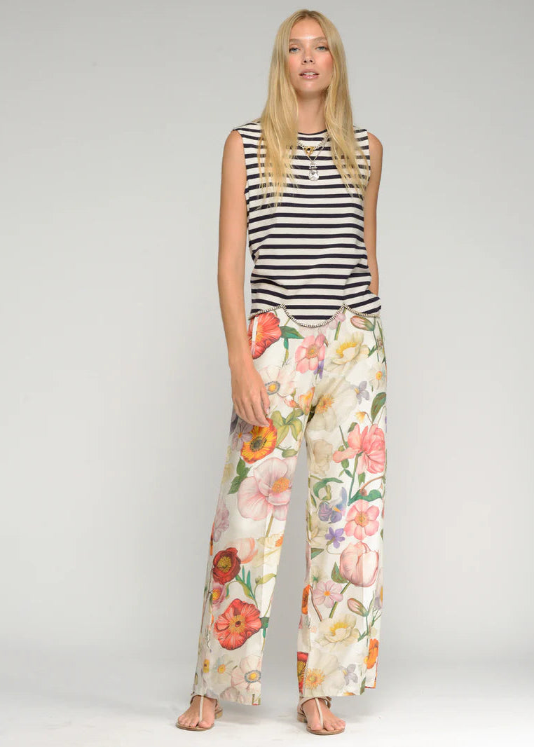 Vilagallo Wide Leg Linen Floral Pants