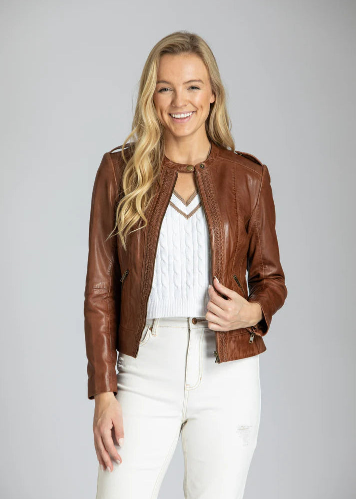 Classic Zip Leather Jacket w/ Braided Detail