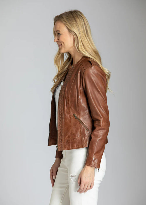 Classic Zip Leather Jacket w/ Braided Detail