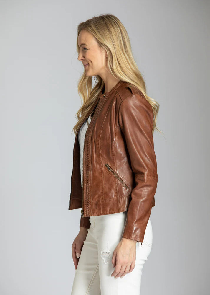 Classic Zip Leather Jacket w/ Braided Detail