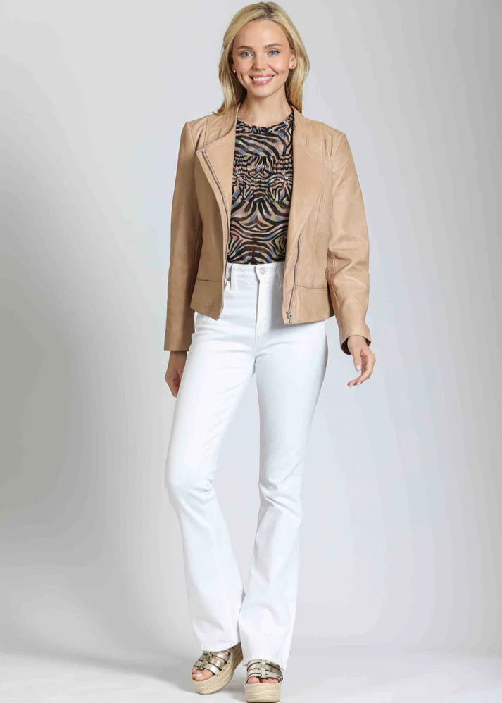 Collarless Lamb Leather Zip Up Jacket