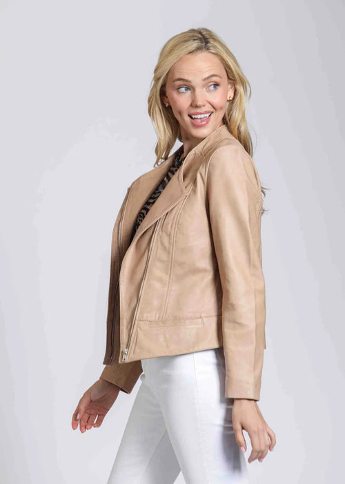Collarless Lamb Leather Zip Up Jacket