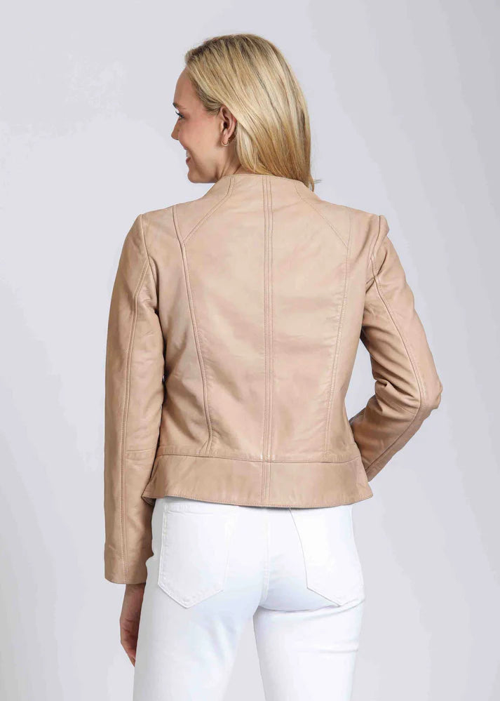 Collarless Lamb Leather Zip Up Jacket