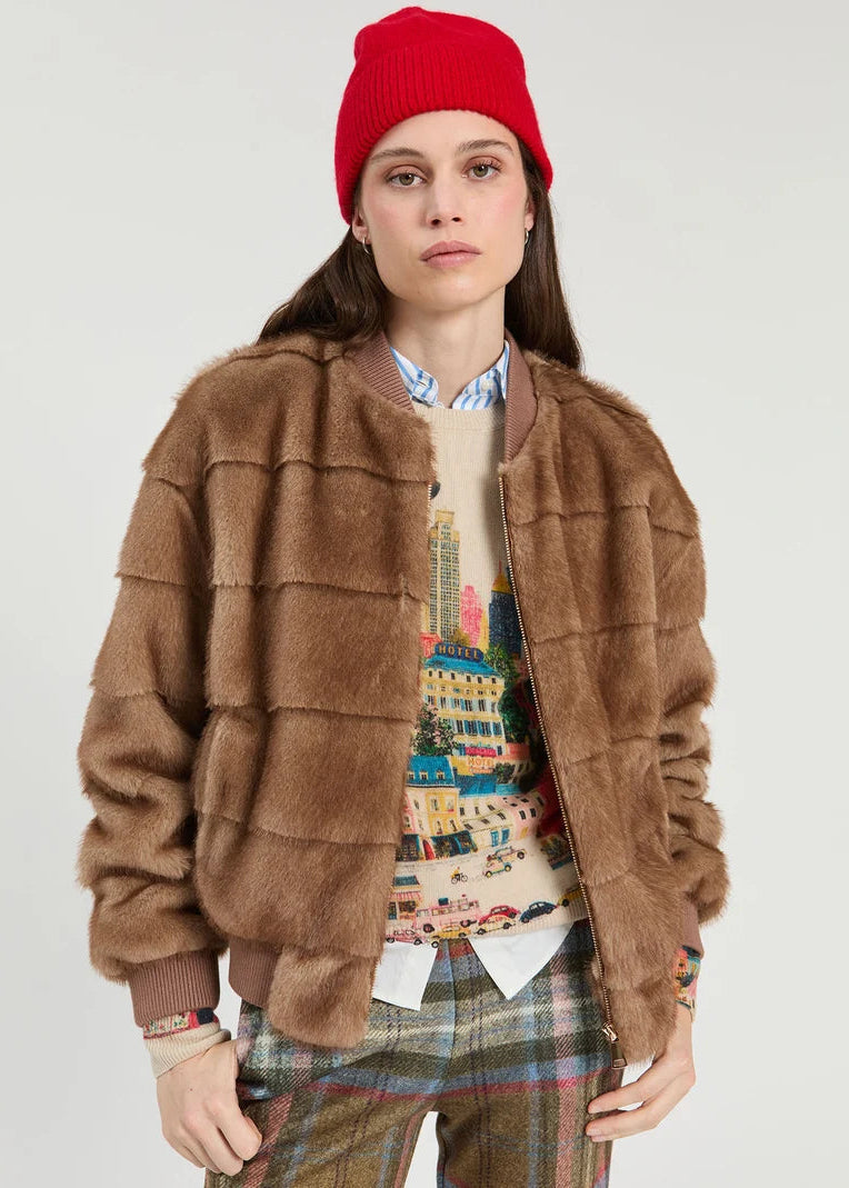 Vilagallo Camel Faux Fur Bomber Jacket