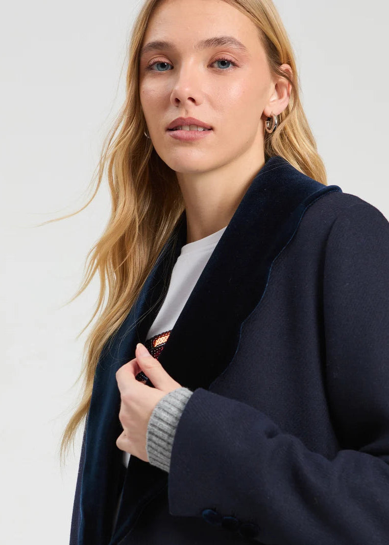 Navy Blue Wool Coat w Wavy Detail