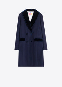 Navy Blue Wool Coat w Wavy Detail