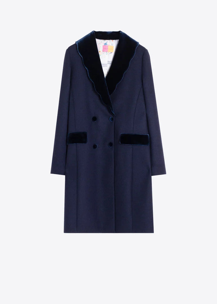 Navy Blue Wool Coat w Wavy Detail