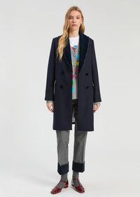 Navy Blue Wool Coat w Wavy Detail