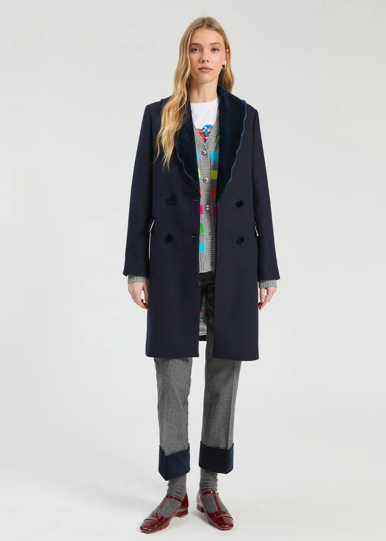 Navy Blue Wool Coat w Wavy Detail