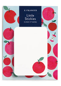 E. Frances Little Stickies post-it notes pad featuring a light blue cover decorated with red apples and green leaves, with a navy blue title band and a white sticky note sheet centered on the front.