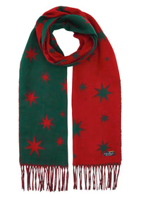 A Patagonia scarf with a split design of dark green on one side and bright red on the other, both decorated with star patterns, finished with fringed ends.