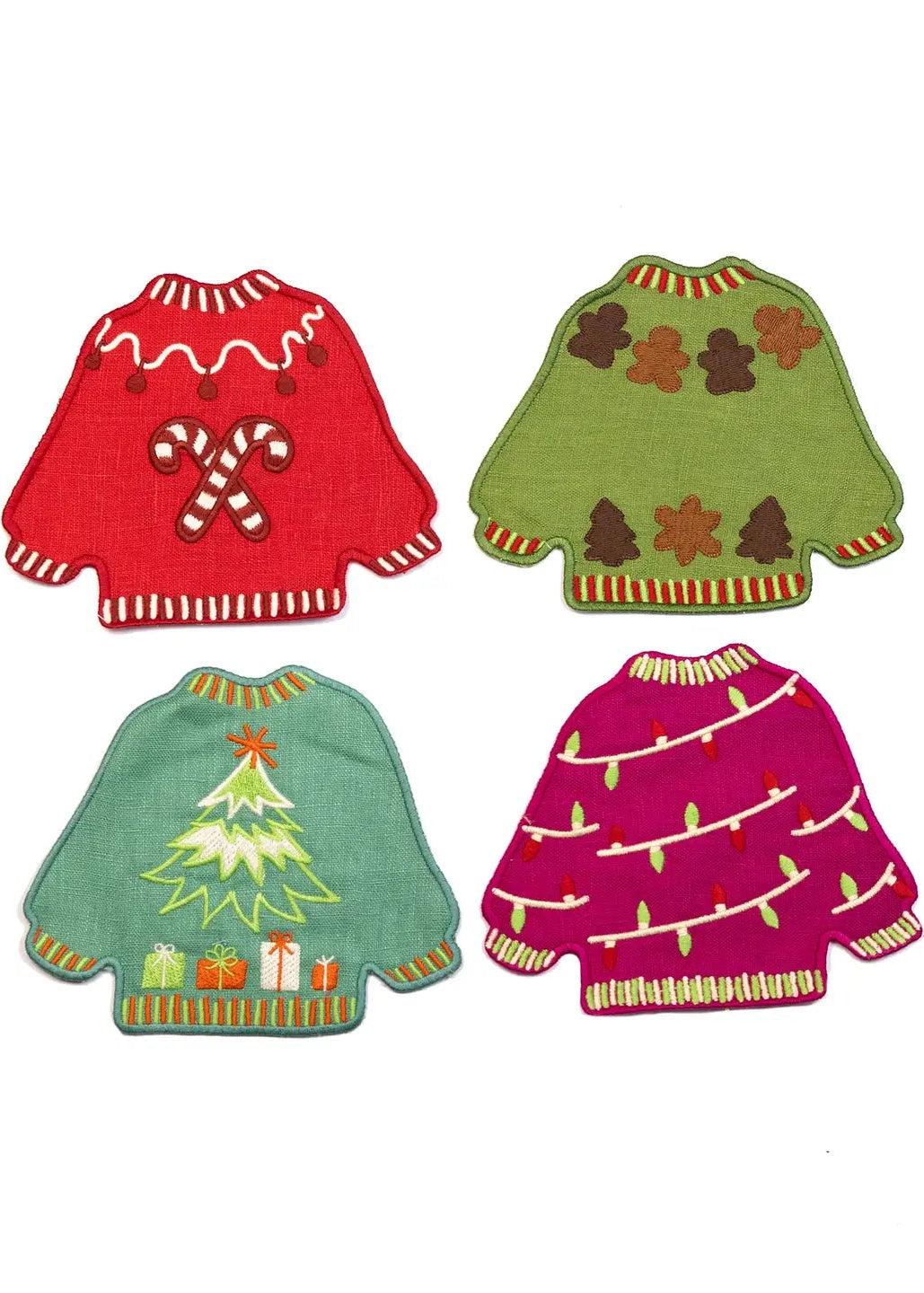 Four small embroidered Christmas sweater cocktail napkins arranged in a 2x2 grid on a plain white background. The patches are red with candy canes, green with gingerbread men and trees, teal with a Christmas tree, and magenta with lights.