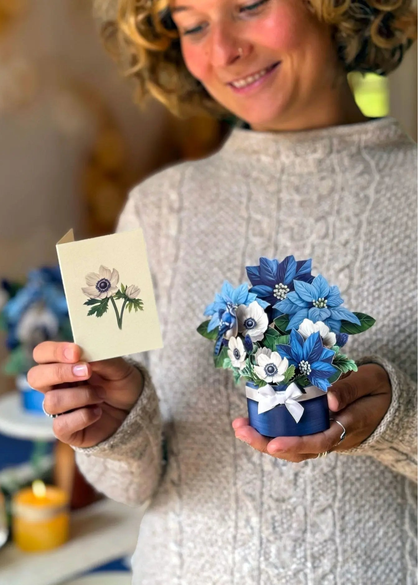 Mini Blue Poinsettia Pop-Up Card