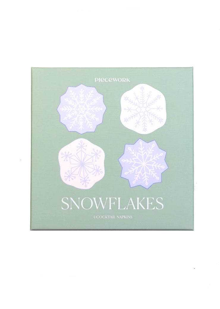 A square mint green product box for 'PROCCWORK' brand 'SNOWFLAKES' cocktail mixers, featuring four stylized snowflake illustrations in light purple and white on the front.