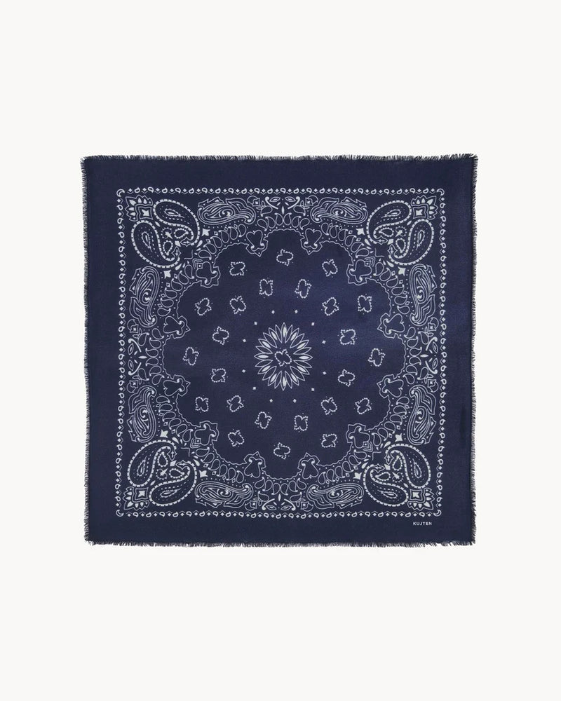 A square navy blue bandana with white paisley and floral patterns, shown flat against a light gray background.