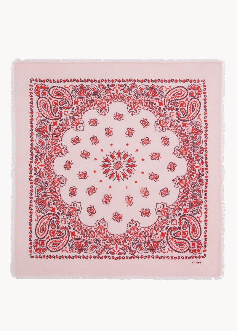 A square pink bandana with a red and black paisley pattern, featuring frayed edges and a small 'BONSAI' brand label in the bottom right corner, displayed flat against a white background.