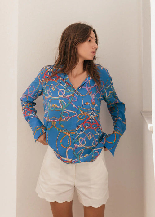 Daria French Cuff Silk Blouse Blue Belt