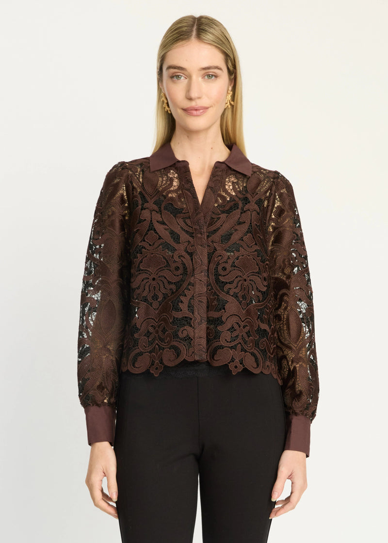 A woman modeling a brown sheer lace long-sleeve blouse with a dark underlayer, paired with black pants, against a plain light gray studio background.