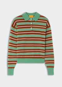 A long-sleeve knit polo sweater with horizontal stripes in brown, sage green, and cream, featuring a solid sage green collar, cuffs, and hem.