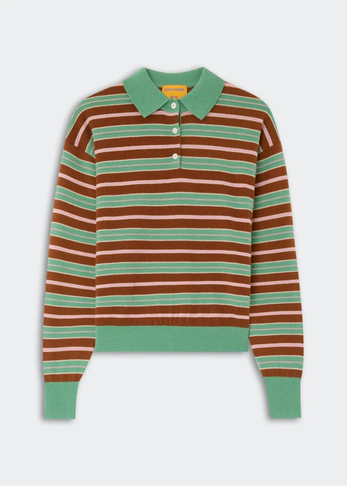 A long-sleeve knit polo sweater with horizontal stripes in brown, sage green, and cream, featuring a solid sage green collar, cuffs, and hem.