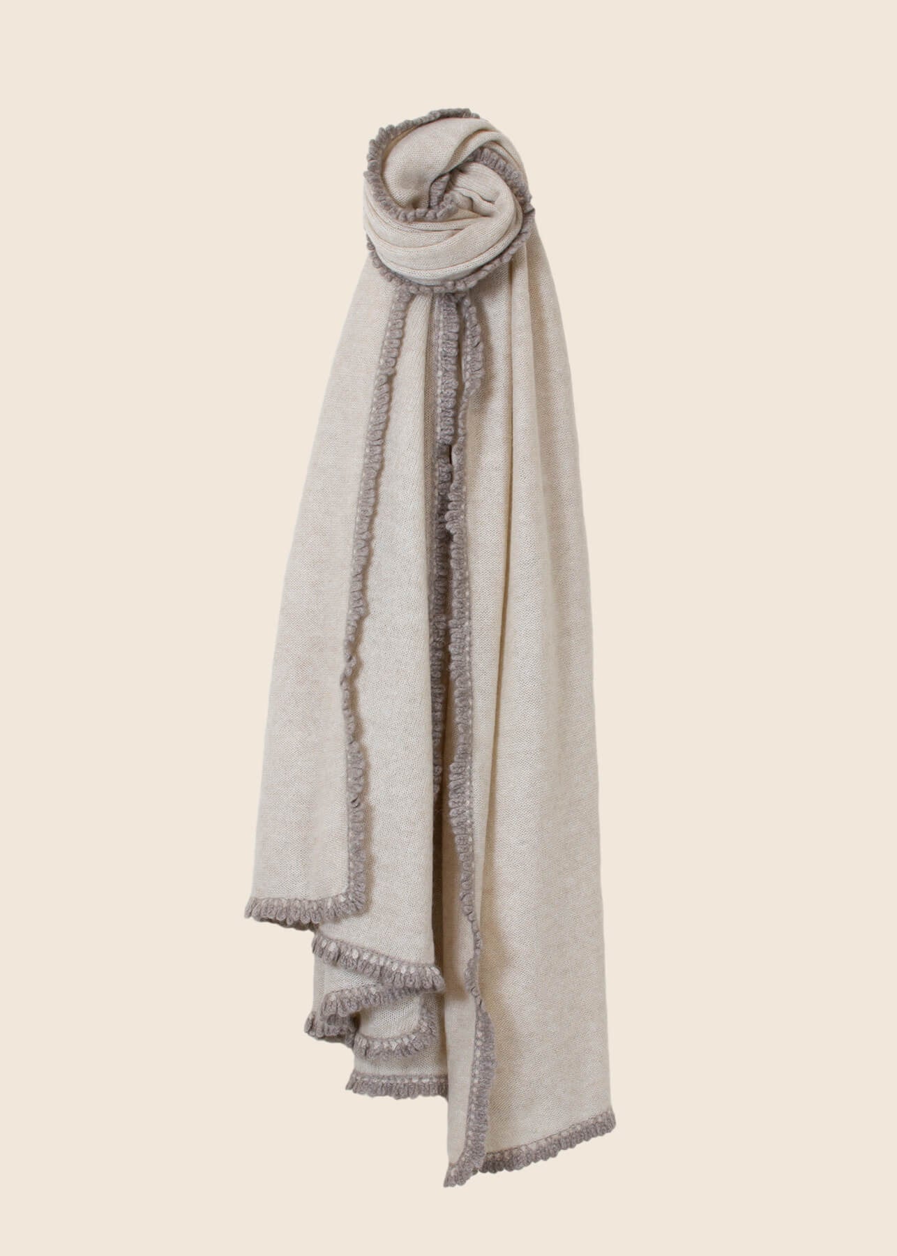 Crochet Loop Fringe Cashmere Scarf Beige