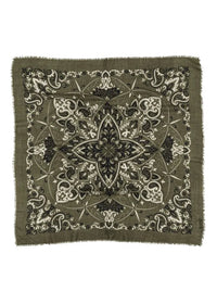 A square bandana-style scarf with a frayed edge, featuring an intricate symmetrical floral and paisley pattern in olive green, black, and off-white on a plain white background.