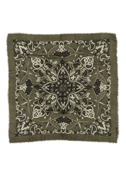 A square bandana-style scarf with a frayed edge, featuring an intricate symmetrical floral and paisley pattern in olive green, black, and off-white on a plain white background.