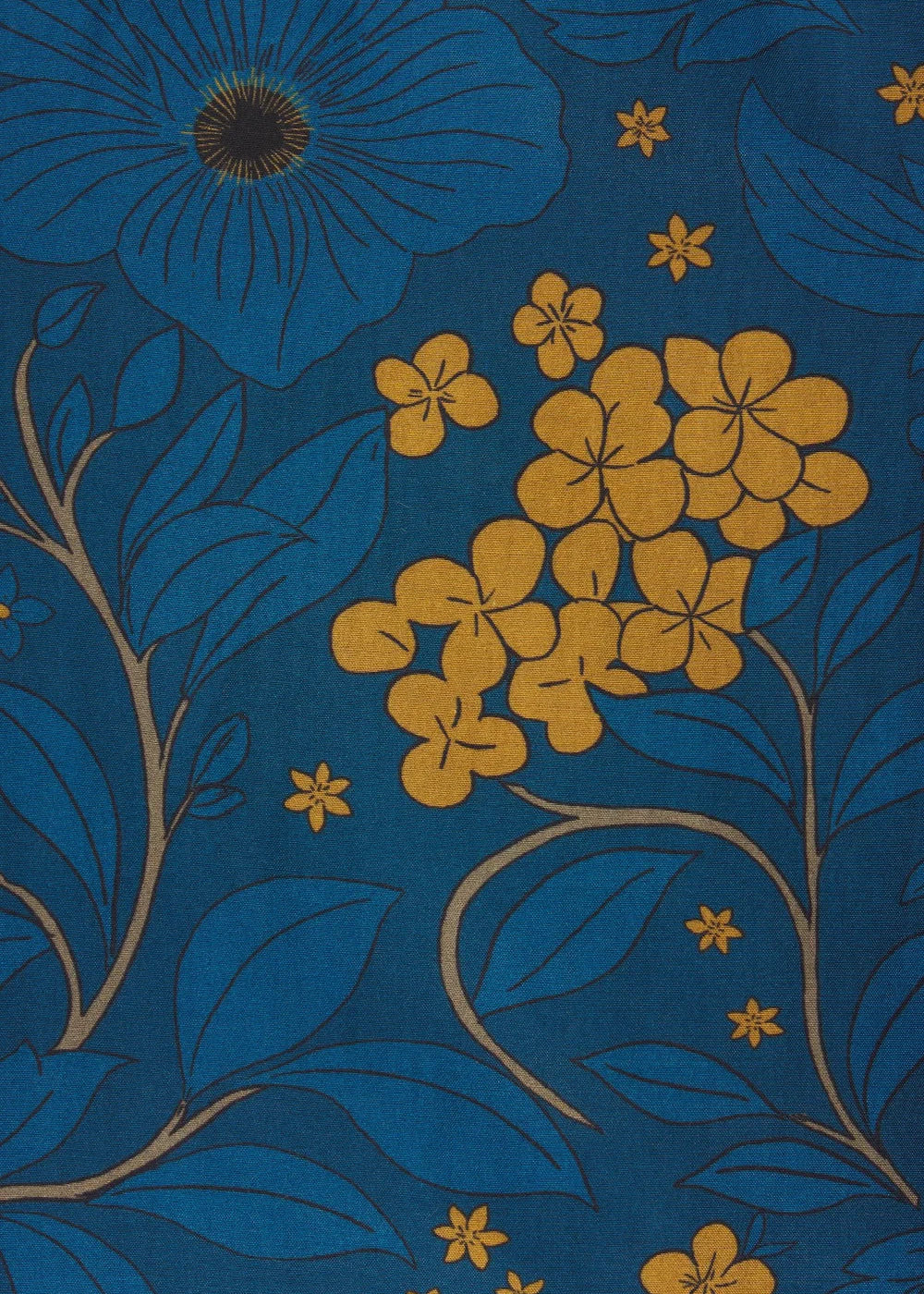 A close-up of a floral patterned fabric or wallpaper featuring mustard yellow flowers and leaves on a deep teal-blue background.