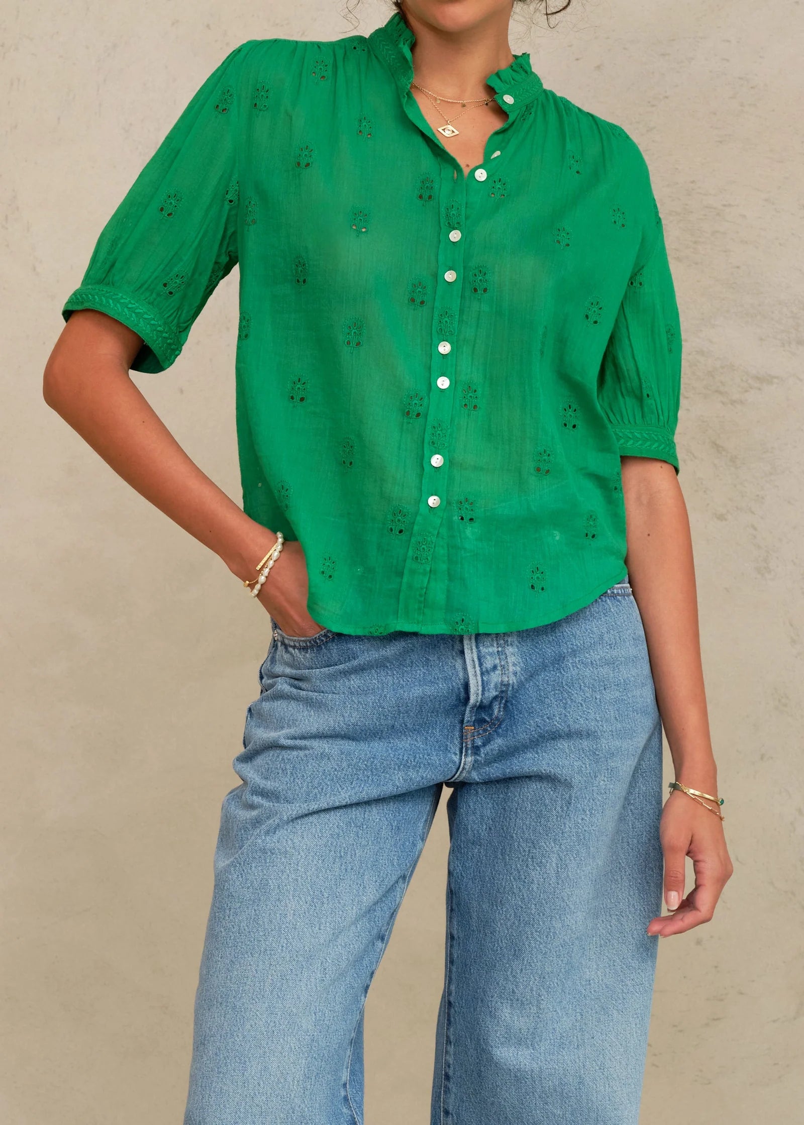 MABE Frani Green Embroidered Top