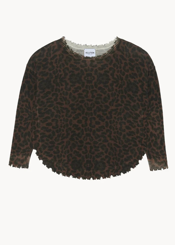 A Gucci long-sleeve cropped top with a brown and black leopard print, featuring a scalloped ruffle trim along the neckline, cuffs, and hem, shown flat on a light background.