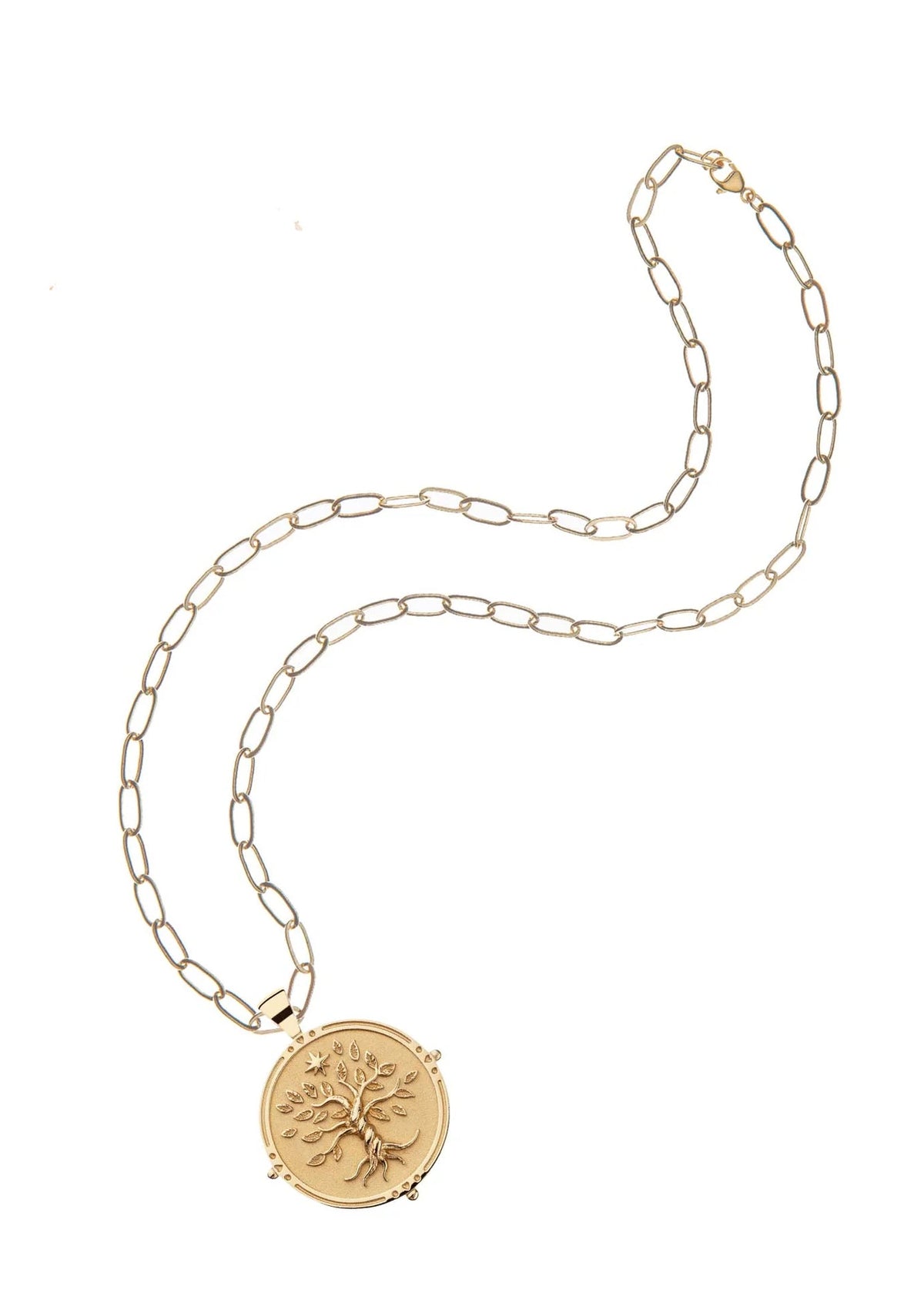 Gold necklace with a tree of life pendant on a white background