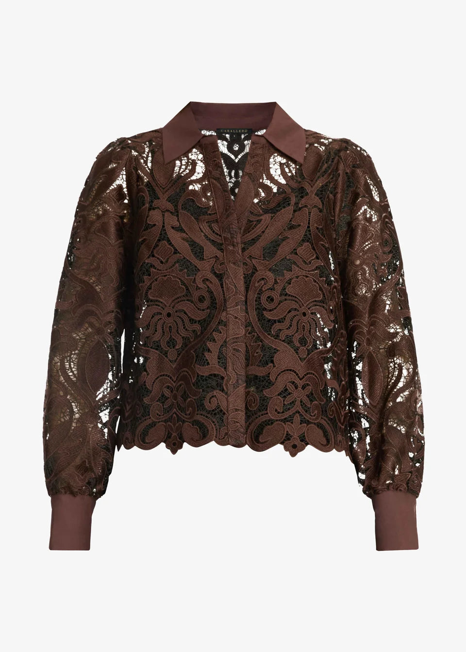 A brown lace and sequin cropped jacket with a pointed collar, long sleeves, and a scalloped hem, shown against a plain light gray background.