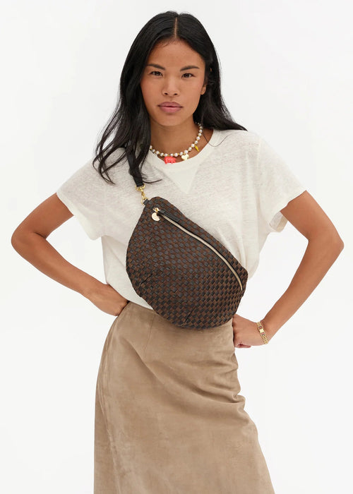 Clare V Grande Fanny Black/Chocolate Leather & Suede Woven Checker