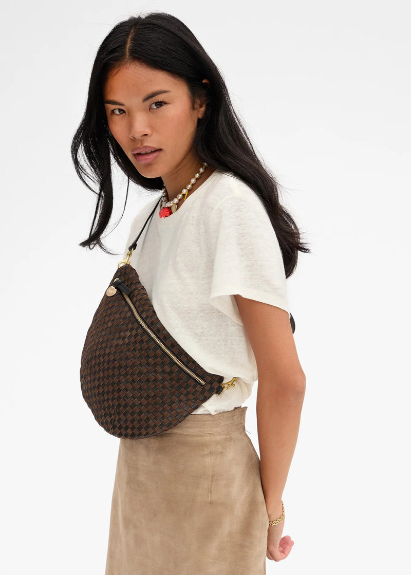 Clare V Grande Fanny Black/Chocolate Leather & Suede Woven Checker
