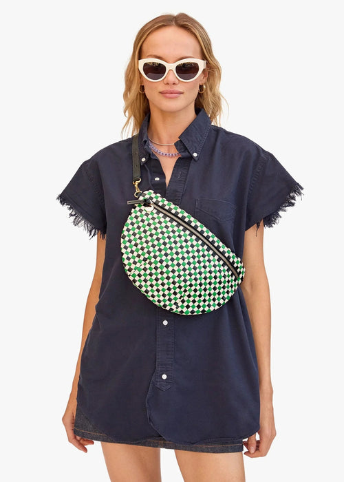 Clare V Grande Fanny Woven Checker Green Apple Multi