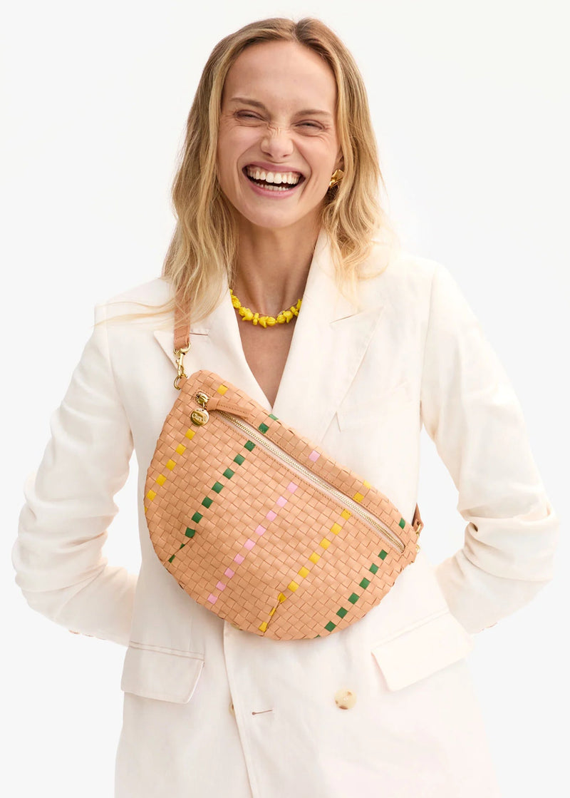 Clare V Grande Fanny Bisque Woven Checker w/ Stripe