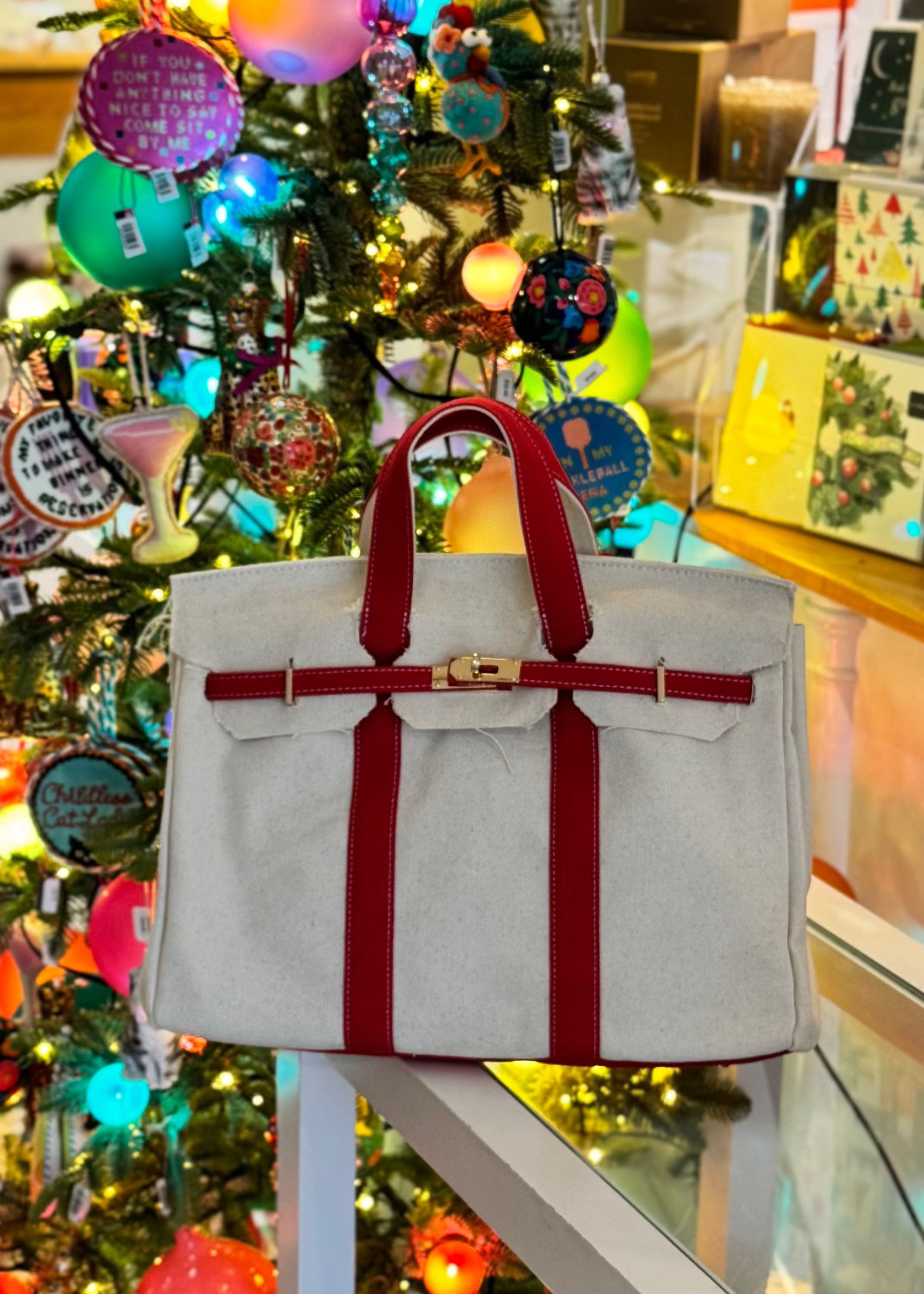 Canvas Tote Bag w/ Gold Buckle Hardware - Red Trim