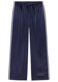 A pair of navy blue wide-leg lounge pants with white patterned side stripes and a matching navy drawstring, shown against a plain white background.