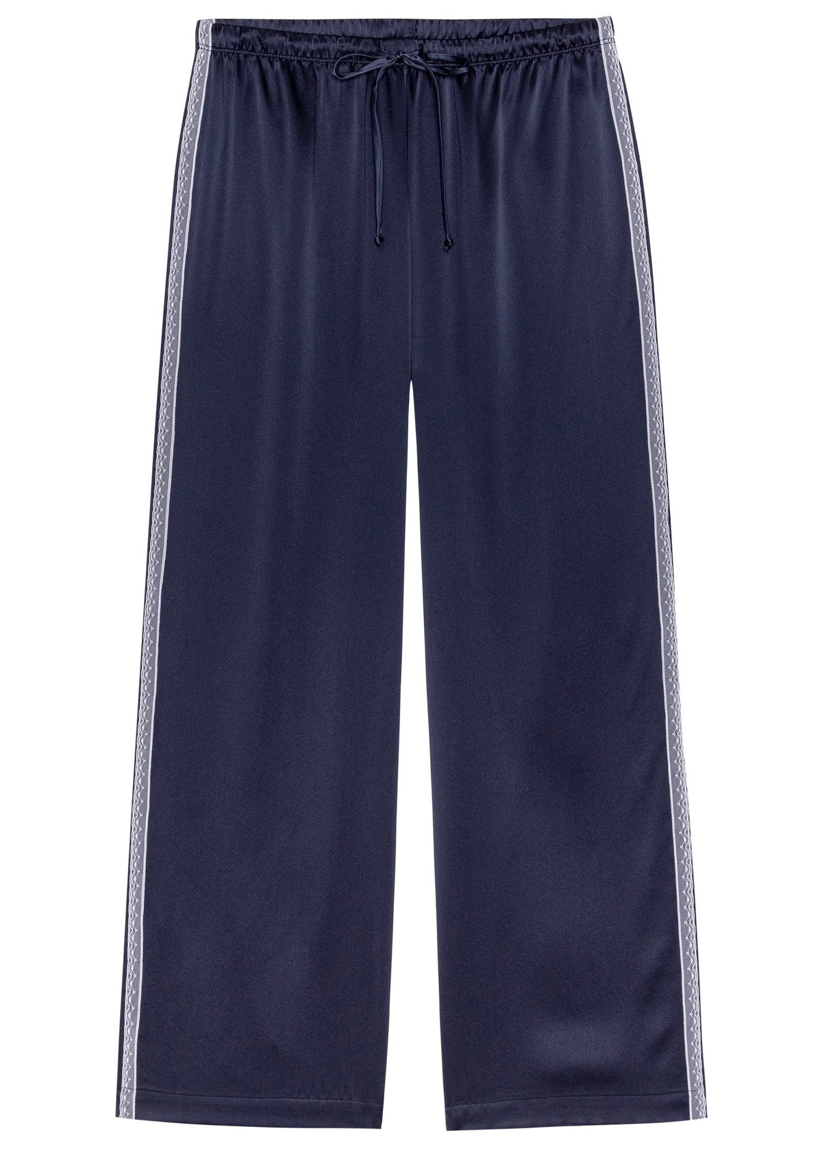 A pair of navy blue wide-leg lounge pants with white patterned side stripes and a matching navy drawstring, shown against a plain white background.