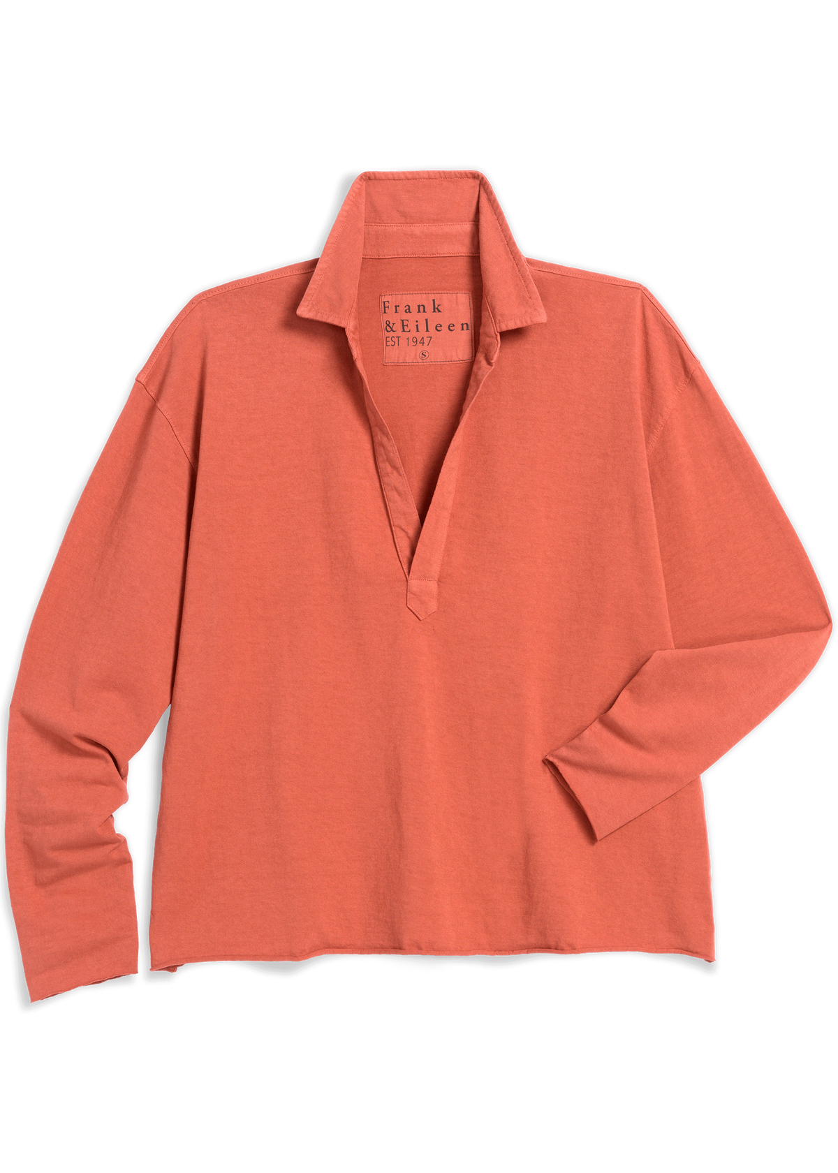 A coral orange long-sleeve knit polo shirt with a folded collar and button placket, laid flat on a white background. The brand name 'Frank Baker' is visible on the inner neck label.