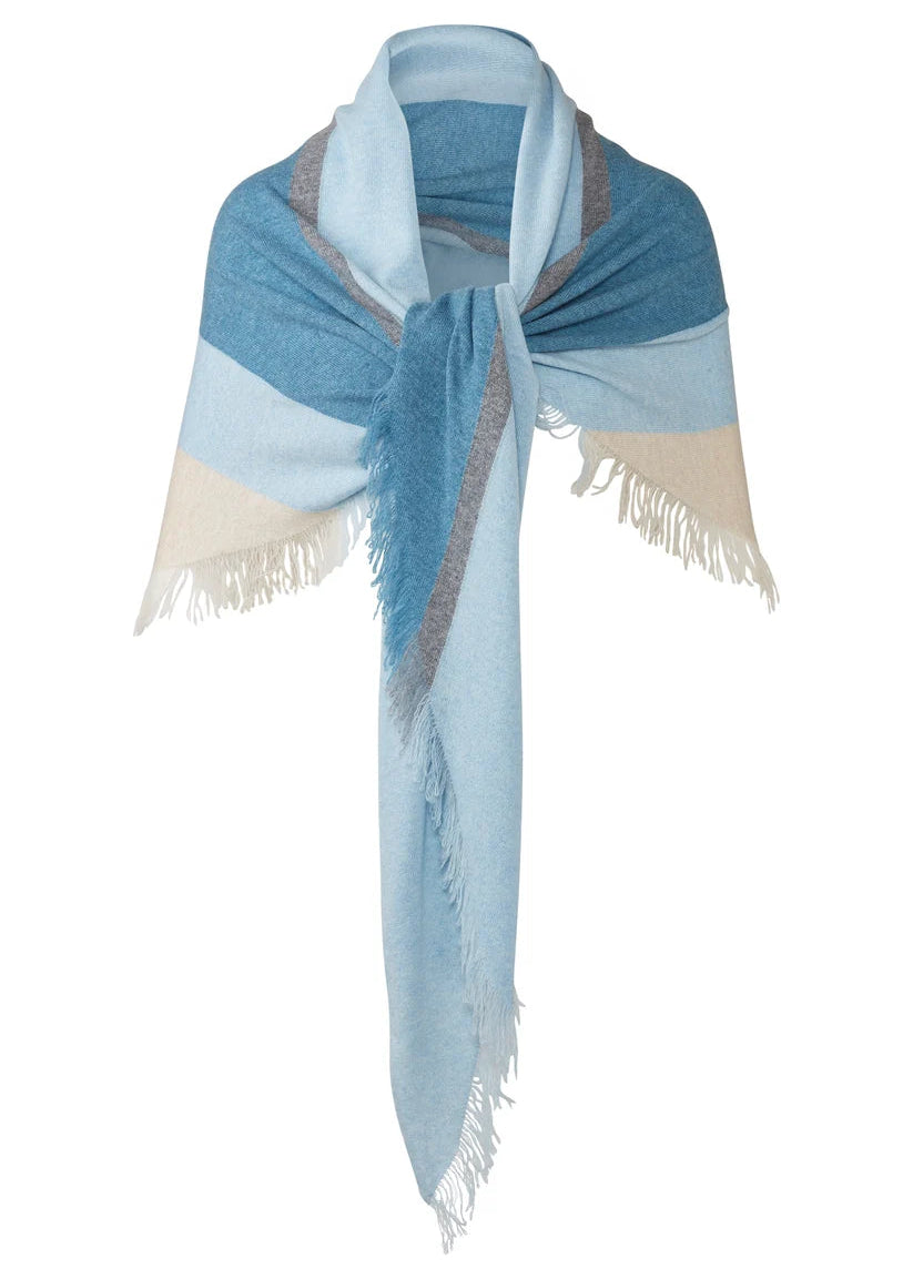 A light blue and beige striped scarf with fringed edges, styled on a white background.
