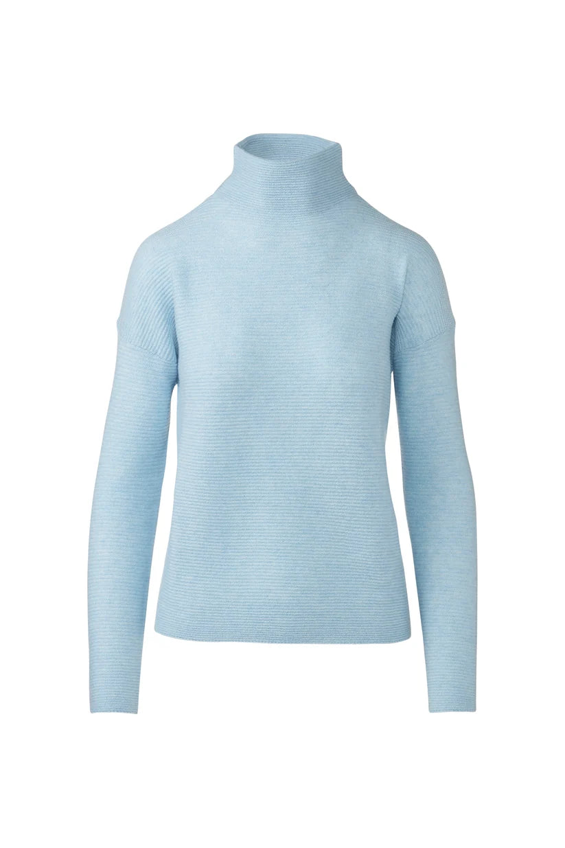 A light blue ribbed knit turtleneck sweater displayed on a clean white background.