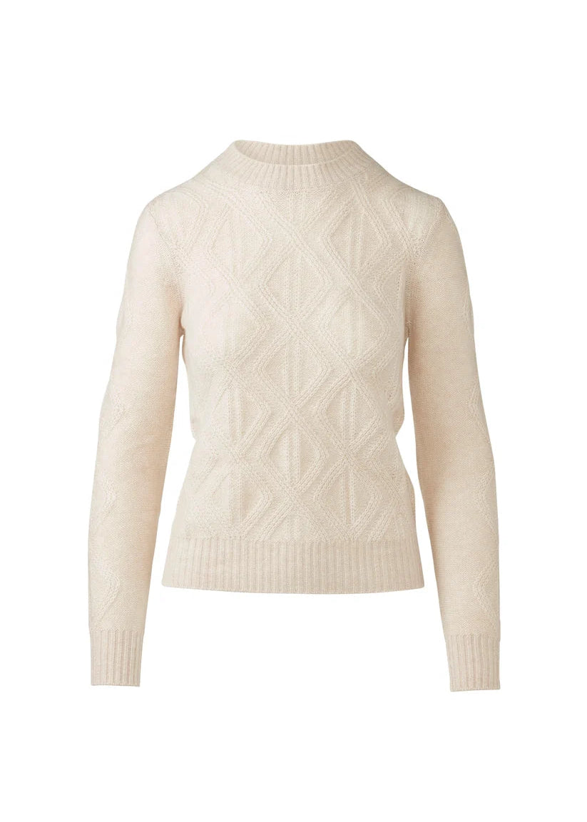 An off-white cable-knit crewneck sweater with a diamond pattern on the front, shown on a plain white background.