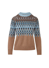 A women's long-sleeve knit sweater with a light blue crew neck, a geometric Fair Isle pattern in blue, brown, and white across the chest and upper sleeves, and a solid light brown lower body.