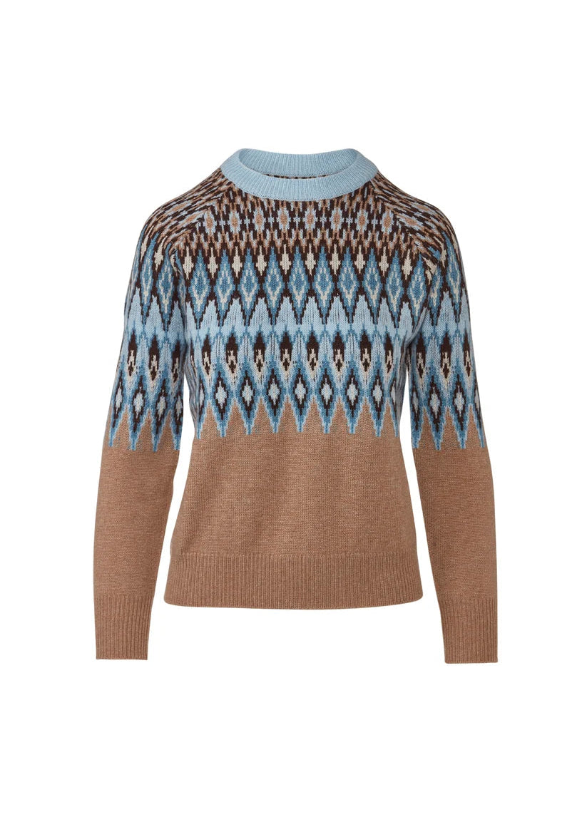 A women's long-sleeve knit sweater with a light blue crew neck, a geometric Fair Isle pattern in blue, brown, and white across the chest and upper sleeves, and a solid light brown lower body.