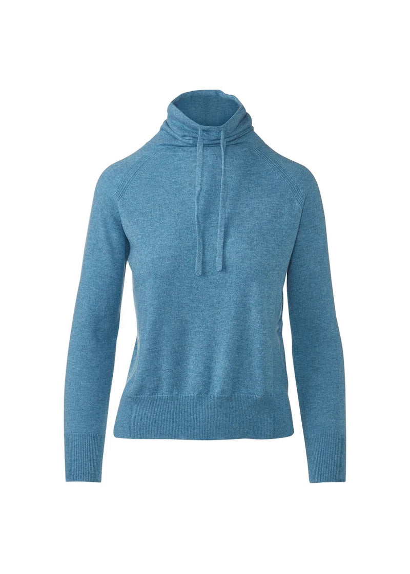 A heathered blue long-sleeve knit sweater with a mock neck and drawstring detail, shown on a plain white background.