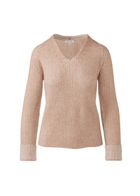 A ribbed knit long-sleeve V-neck sweater in a light peach-beige color, shown against a plain white background.