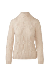 A cream-colored cable-knit mock neck sweater with a textured wavy pattern, shown on a plain white background.