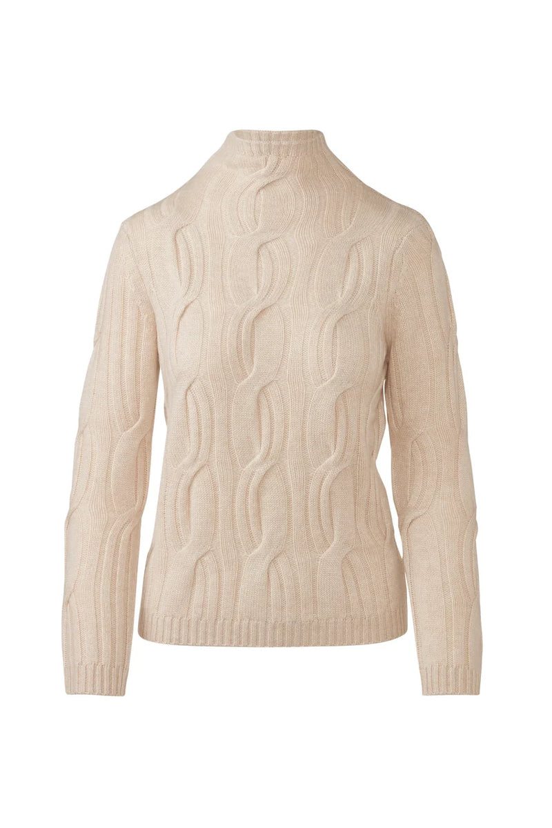 A cream-colored cable-knit mock neck sweater with a textured wavy pattern, shown on a plain white background.